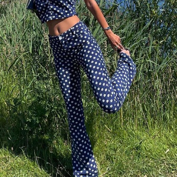 

women's pants & capris urban fashion flower pattern women high waist spring straight trousers female casual blue elegant ladies clothes, Black;white