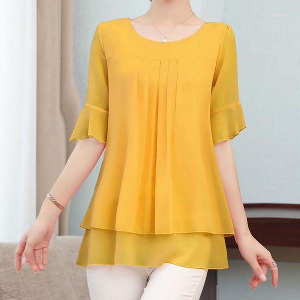 

solid color blouse women yellow fashion chiffon short sleeve casual shirt elegant office wear femme 2021 men's shirts, White;black