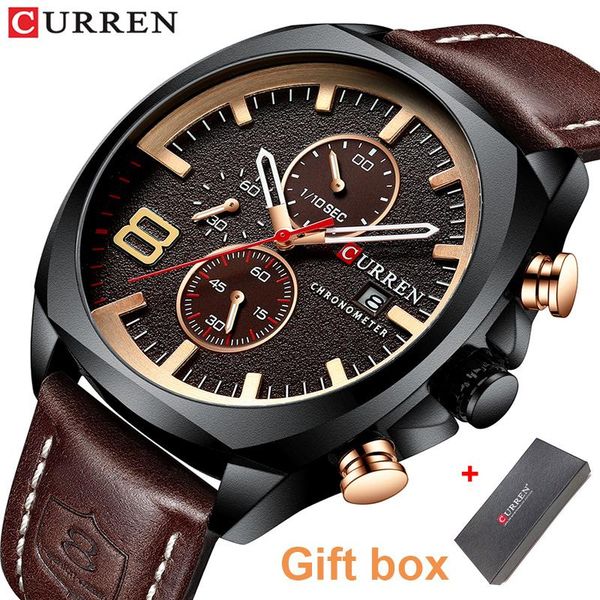 

wristwatches curren relogio leather strap men casual wristwatch waterproof calendar chronograph watch man sport military with gift box, Slivery;brown