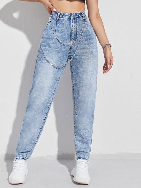 

high waist chain detail mom jeans y4sm#, Blue