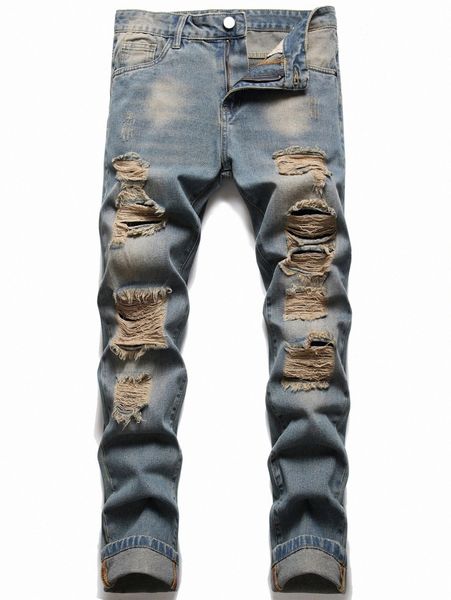 

men straight leg ripped jeans d7x2#, Blue