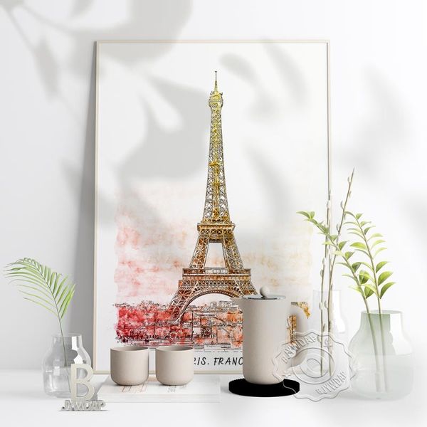

paintings watercolor city france paris poster, beautiful scenery art print, world travel tower wall stickers home room decor