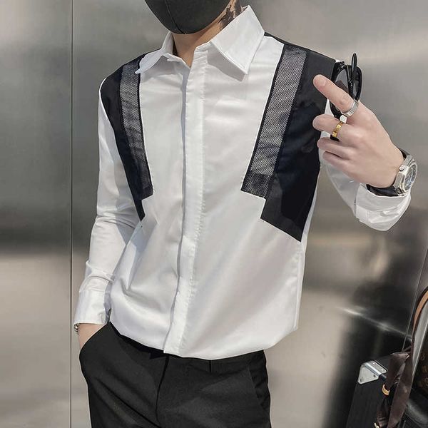 

korean splicing men shirts long sleeve male business dress social party blouse loose streetwear male clothing chemise homme 210527, White;black