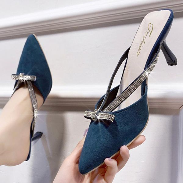 

dress shoes crystal bowknot slingback flock pumps women slip on flipflops single woman pointed toe stiletto high heels woman2021, Black