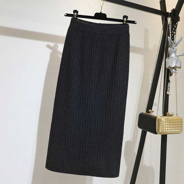 

skirts women's autumn winter long knitted skirt solid straight elastic waist slim ladies casual split black color for female vyms