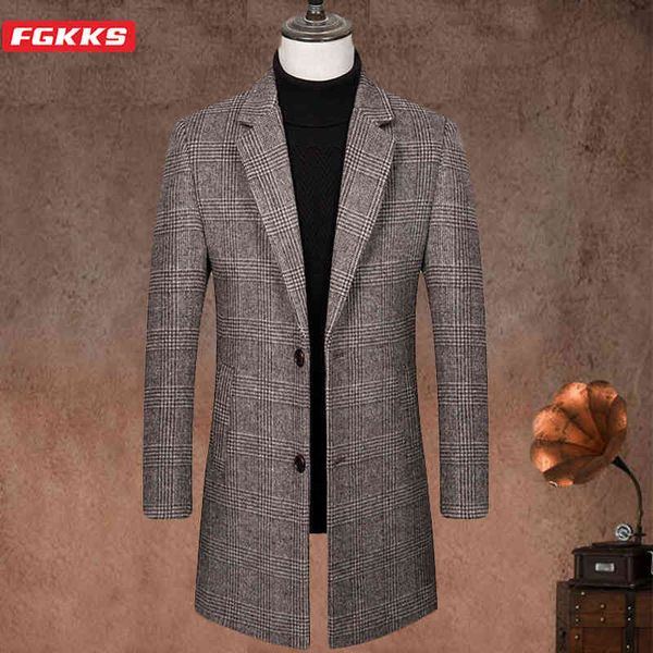 

fgkks new blend coat men brand men's casual thick warm long section overcoat winter slim plaid wool coats male, Black;brown