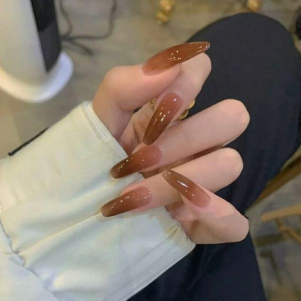 

false nails 24pcs ice transparent coffee color long-wear fake nail art detachable full cover with glue supplies for professionals, Red;gold