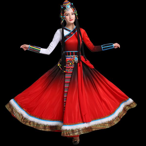

classical dance costumes long sleeves tibet nationality stage wear vintage festival party apparel tibetan women ethnic clothing, Black;red