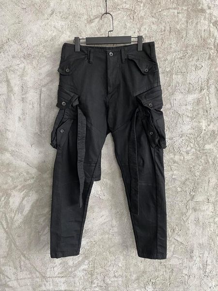 

men's jeans men street wear side big pocket with belt cargo wax black, Blue