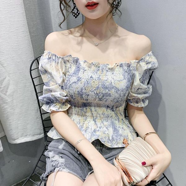 

off shoulder fashion women floral print chiffon ruffles shirt casual slim short sleeve summer blouse female blusa women's blou, White