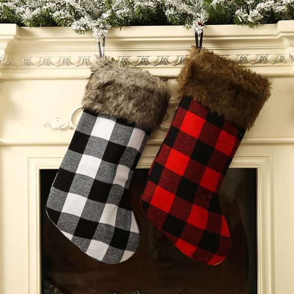 

christmas decorations stockings socks red black plaid gift candy bag for fireplace xmas tree hanging year decoration children gifts
