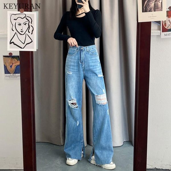

spring loose straight jeans women split holes ripped hollow out high waist zipper denim blue wide leg pants women's
