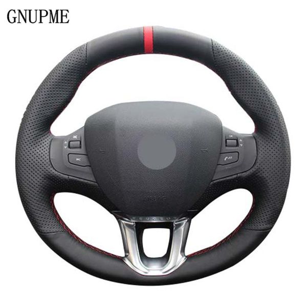 

steering wheel covers black artificial leather car cover red marker for 208 2008 steering-wheel auto accessorie