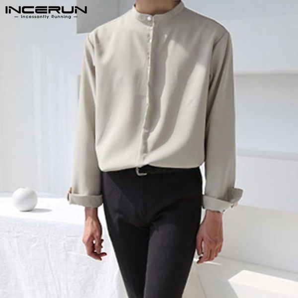 

fashion shirts men solid color buttoms camisa casual long sleeve stand collar blusa man loose breathable blouse 5xl incerun men's, White;black