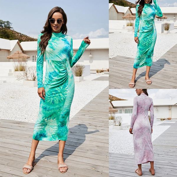 

casual dresses women dress half high collar tie dyed print elastic slim midi female long sleeve fashion chic skinny vestidos mujer, Black;gray