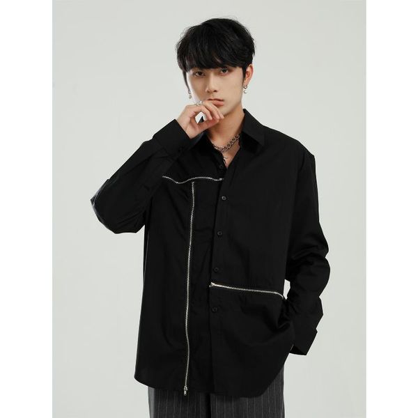 

men's clothing | 2021 spring product personalized zipper design sense splicing korean loose long sleeve shirt dress shirts, White;black