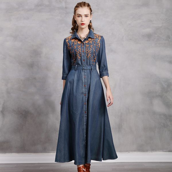 

casual dresses spring woman denim floral embroidery long women vintage high waist a-line belt vestidos femme streetwear 7g4u, Black;gray