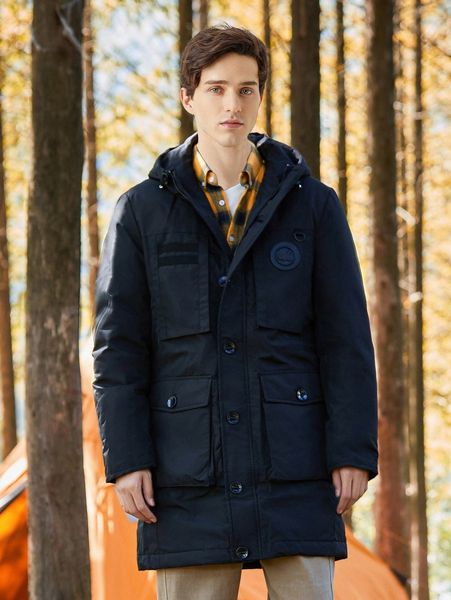 

men patched detail flap pocket drawstring hooded down coat l69p#, Black;brown