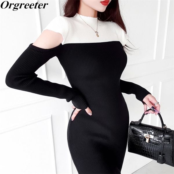 

color matching half turtleneck sheath knitted dresses women fall spring strapless long sleeve split sweater dress 210602, Black;gray