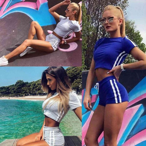 

sets 2pcs elastic bandage womens tracksuits suits tracksuit solid o neck sports gym run shorts ladies fashion casual summer, Gray