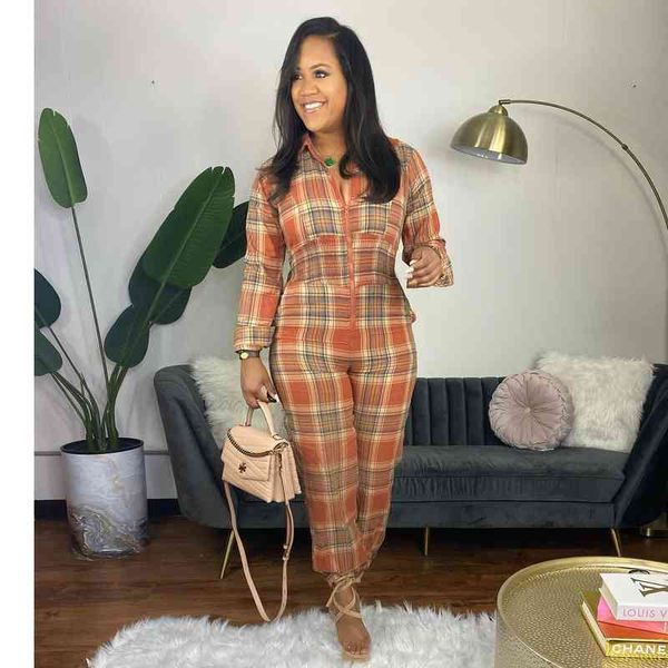 

ladies early autumn check woven lapel long sleeve waist closing loose zipper pocket fashion casual long jumpsuit, White