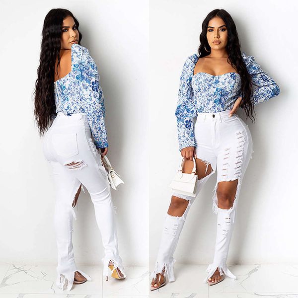 

hole washed 2021 summer new split length jeans, White