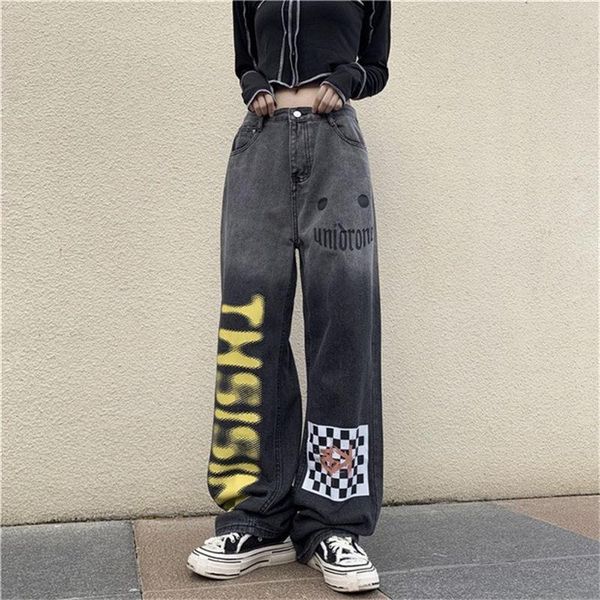 

women's jeans gothic baggy women punk hippie streetwear print y2k wide leg trouser harajuku grunge denim pants vintage 90s straight jea, Blue