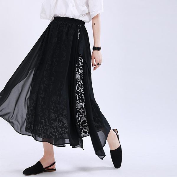 

women's pants & capris johnature original fake two pieces patchwork chiffon women wide leg 2021 summer letter print ankle-length, Black;white