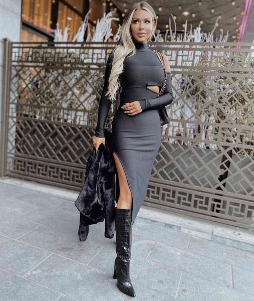 

dresses winter long sleeve hollow out black midi bodycon women bandage elegant evening party club vestidos, Black;gray