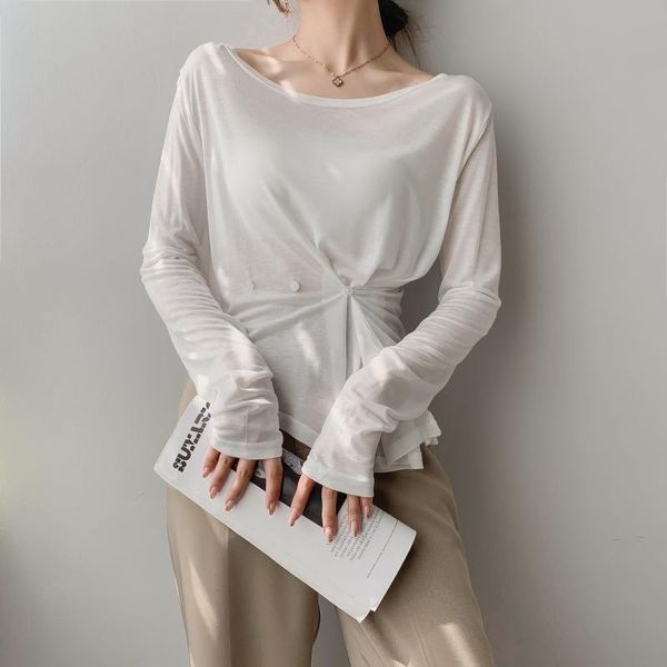 

women's t-shirt large neckline sunscreen long-sleeved design bottoming shirt loose thin off-shoulder one-shoulder summer, White