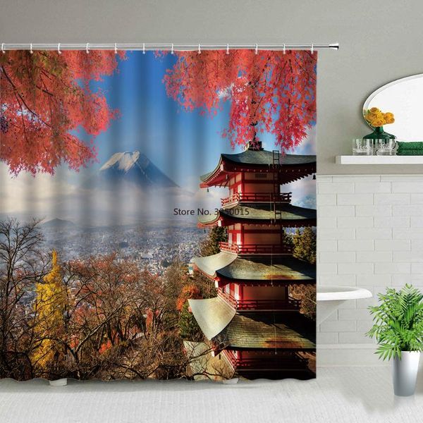 

shower curtains japanese scenery theme tower japan mount fuji landscape cherry blossom flower bathroom curtain set decor cloth