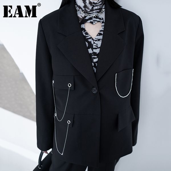 

[eam] women black pocket chain big size blazer lapel long sleeve loose fit jacket fashion spring autumn 1dd5945 21512, White;black