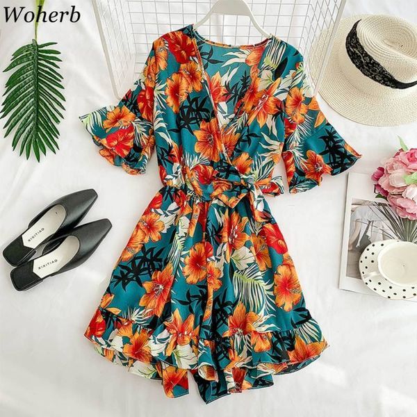 Verão Boho Playsuits Mulheres Calças Largura Calças Bandage Jumpsuit Ruffles Elastic Waist Solto Macacões Macacões Casuais Mujer 210519