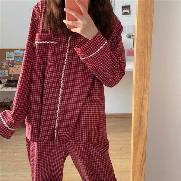 Japonês pijama mulheres de mangas compridas outono inverno sleepwear conjunto vermelho xadrez pijama meninas casa roupas para casa homewear 211112