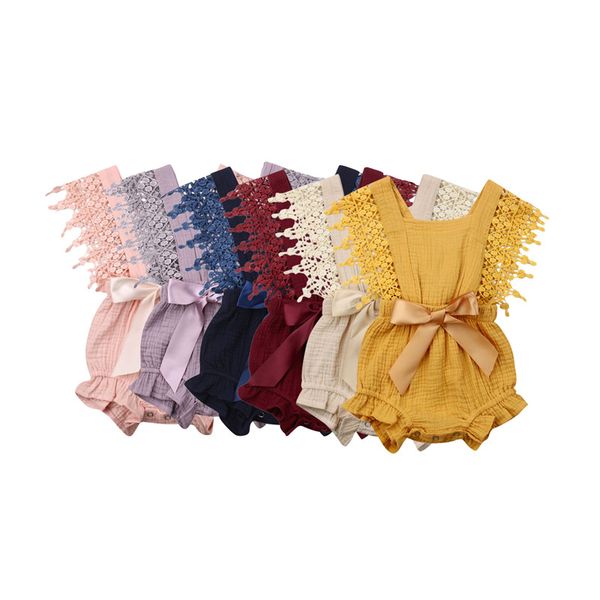 

baby 0-24m romper summer fashion tassel cotton linen solid rompers babe girls big bowknot slim jumpsuits casual kids clothing, Blue