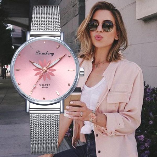 

wristwatches watches for women luxury silver pink dial flowers metal ladies bracelet quartz clock wrist watch, Slivery;brown