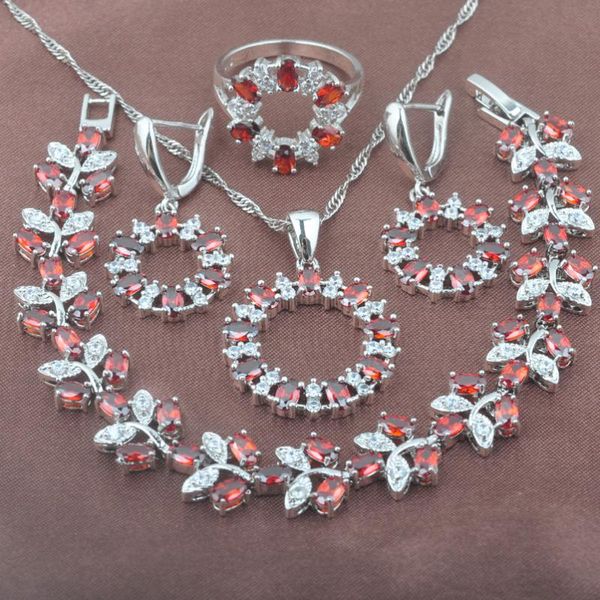 

earrings & necklace charming red zirconia silver plated women's wedding jewelry sets bracelet pendant ring yz0412