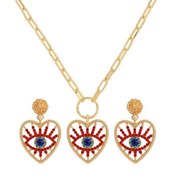 

fashion high-end angel eye pendant necklaces earrings set simple retro diamond clavicle chain alloy rhinestone earring french devil eyes ear, Silver