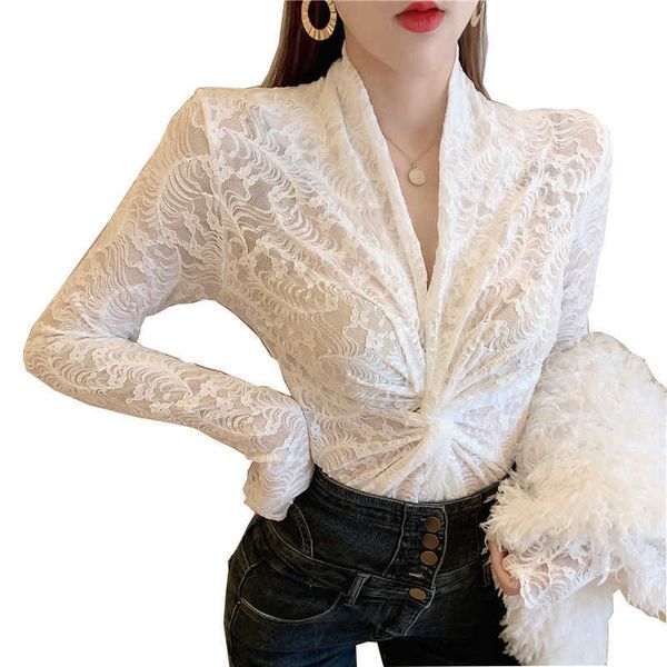 

women's sweaters cross v-neck long sleeve lace bottoming shirt showing figure 2021 autumn heart hollow out blouse women, White;black