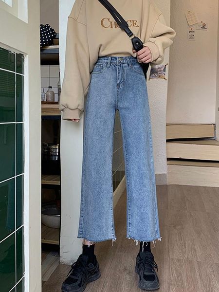 

women's jeans spring and autumn 2021 korean high waist slim baita loose wide leg pants fashion, Blue