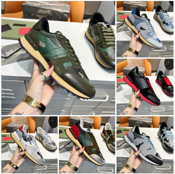 

designer camouflage sneaker womens mens rivet shoes studded flats mesh camo suede leather casual trainers rockrunner shoes with box size 35-