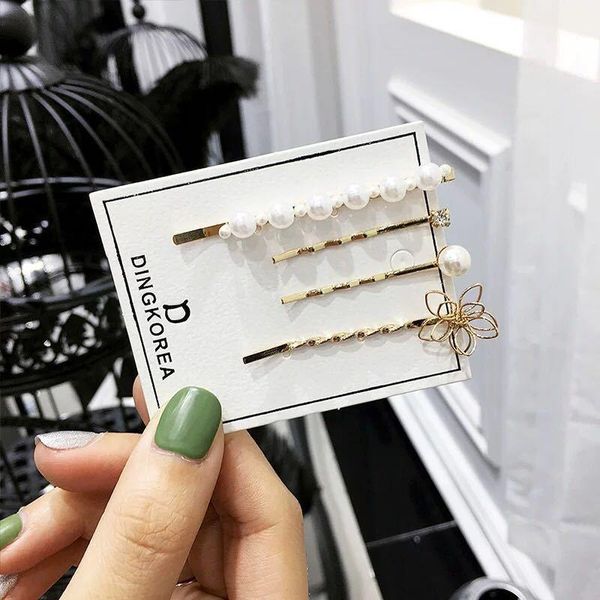 

hair clips & barrettes 4pcs flower bow pearl metal clip hairband 2021 comb bobby pin crown barrette hairpin headdress accessories beauty sty, Golden;silver