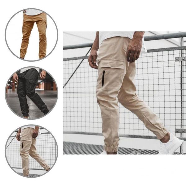 

men's pants great cargo ankle length elastic waist loose side pockets spring trousers, Black