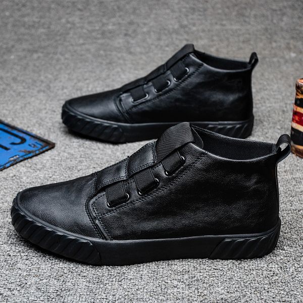 

high leather shoes men's english style black short boots summer breathable board one foot pedal martin