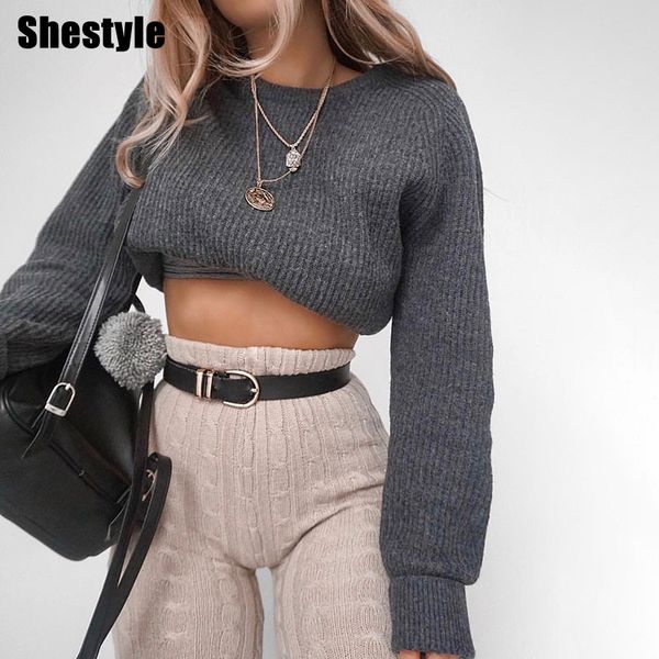 

shestyle high waist cropped solid sweaters women 2021 autumn fashion streetwear 3 color o neck pullover crop casual knittedin, Black;white