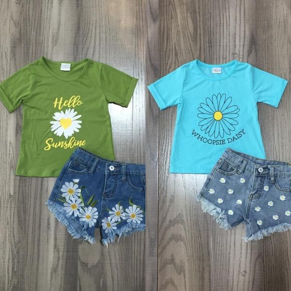 

girlymax summer baby girls short sleeve clothes hello sunflower ruffles blue daisy boutique jeans shorts set outfits olive clothing sets, White