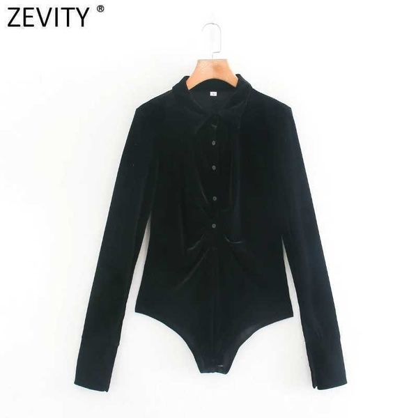 ZEVITY Kadın Moda Pleats Göğüslü Siyah Kadife Bodysuits Ofis Bayan Uzun Kollu Rahat Ince Siyam Şık Rompers LS7317 210603