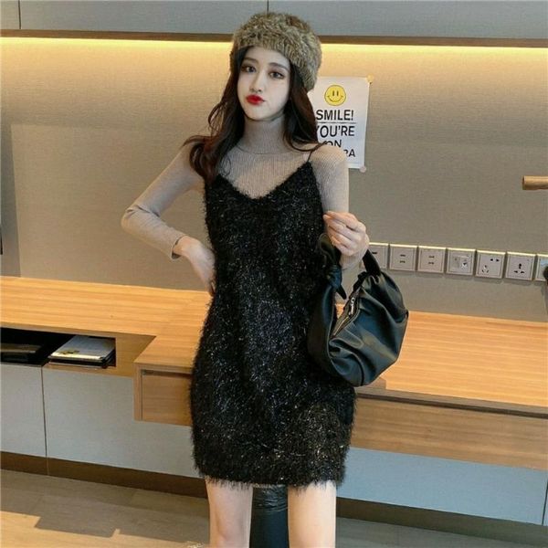 

women 2021 autumn winter two piece set casual turtleneck sweater knitting + tassel sling mini dress chic 2 c460 women's tracksuits, Gray