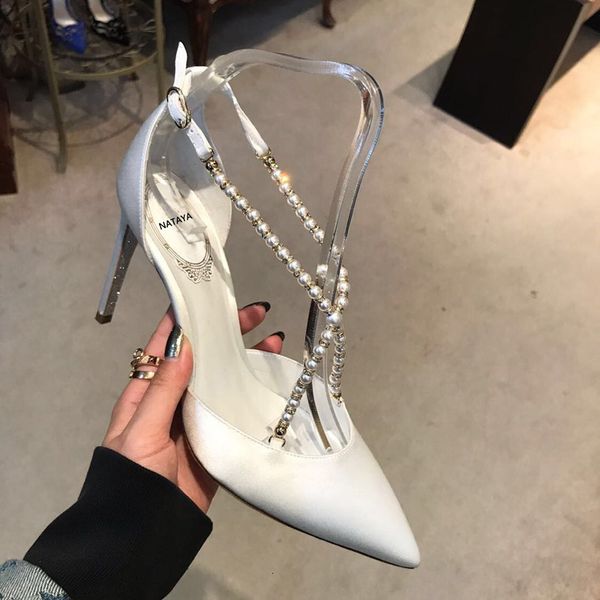 

sandals red wedding autumn women's singles pearl cross high-heeled stiletto point-toe shoes, Black