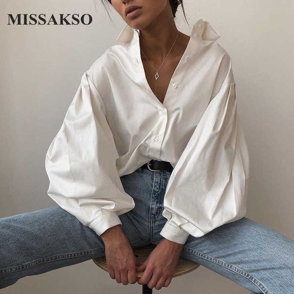 

missakso autumn lantern sleeve shirt streetwear elegant office ladies loose solid basic women blouses white black 210625